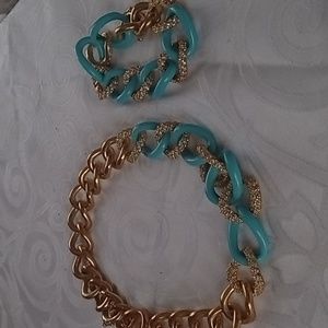 Joan Boyce gold pave and turquoise link necklace and bracelet set